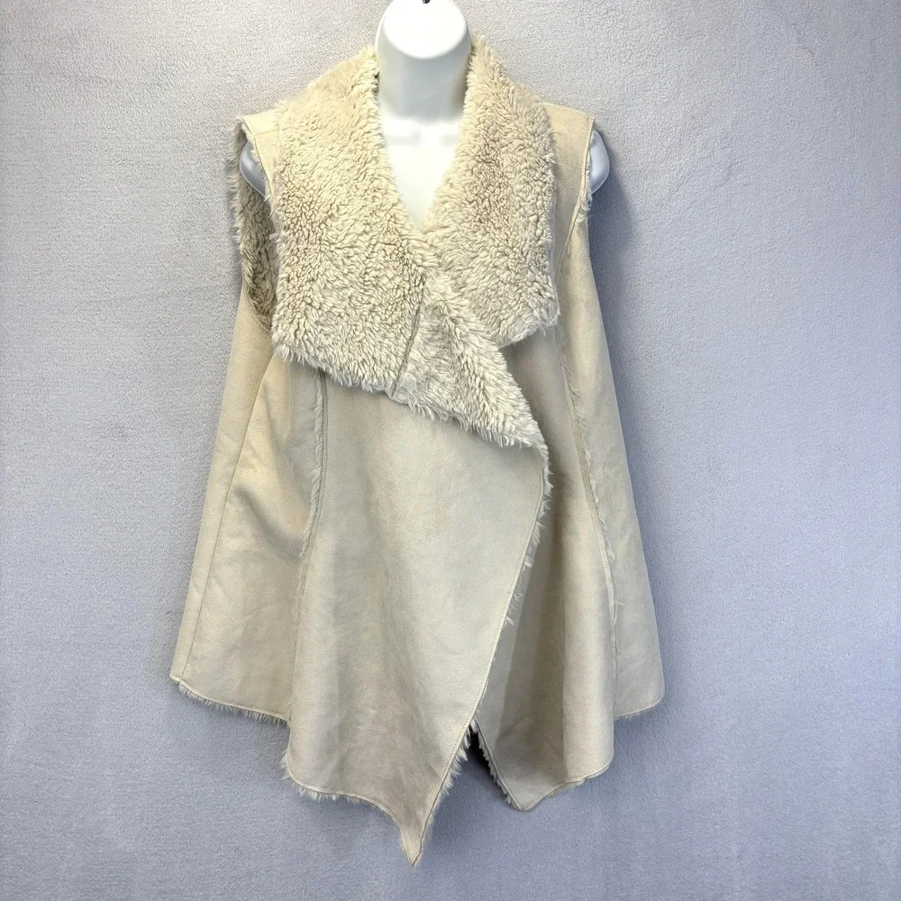 Knox Rose Faux Shearling Vest Womens Large Cream White Open Front Waterfall Cozy